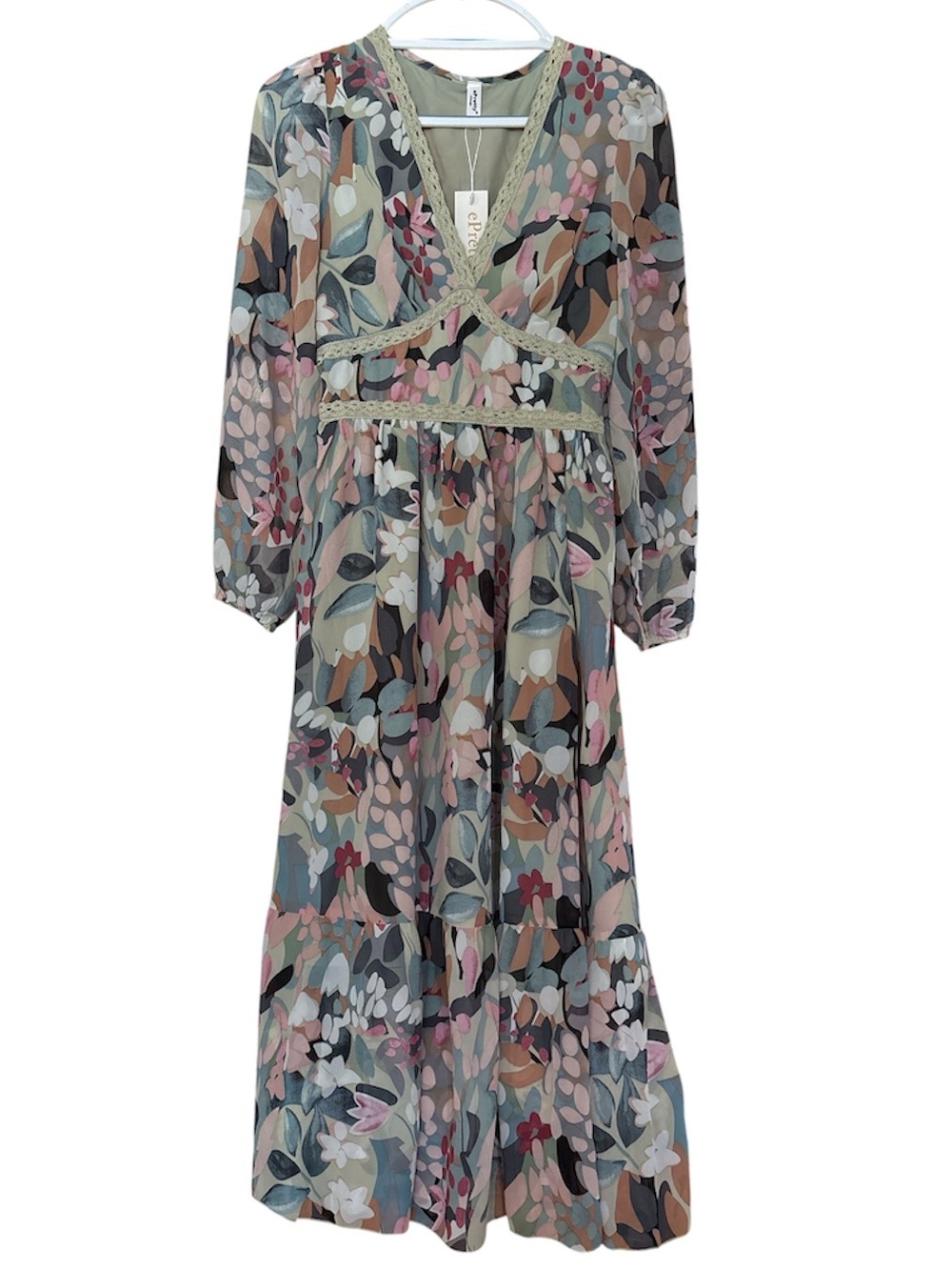 NWT ePretty Boho Floral Chiffon Long Sleeve Maxi Dress Lace Trim Small